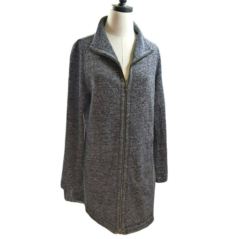 Eileen Fisher Medium 2 Way Full Zip Long Cardigan Mock Neck Pockets Mixed Greys